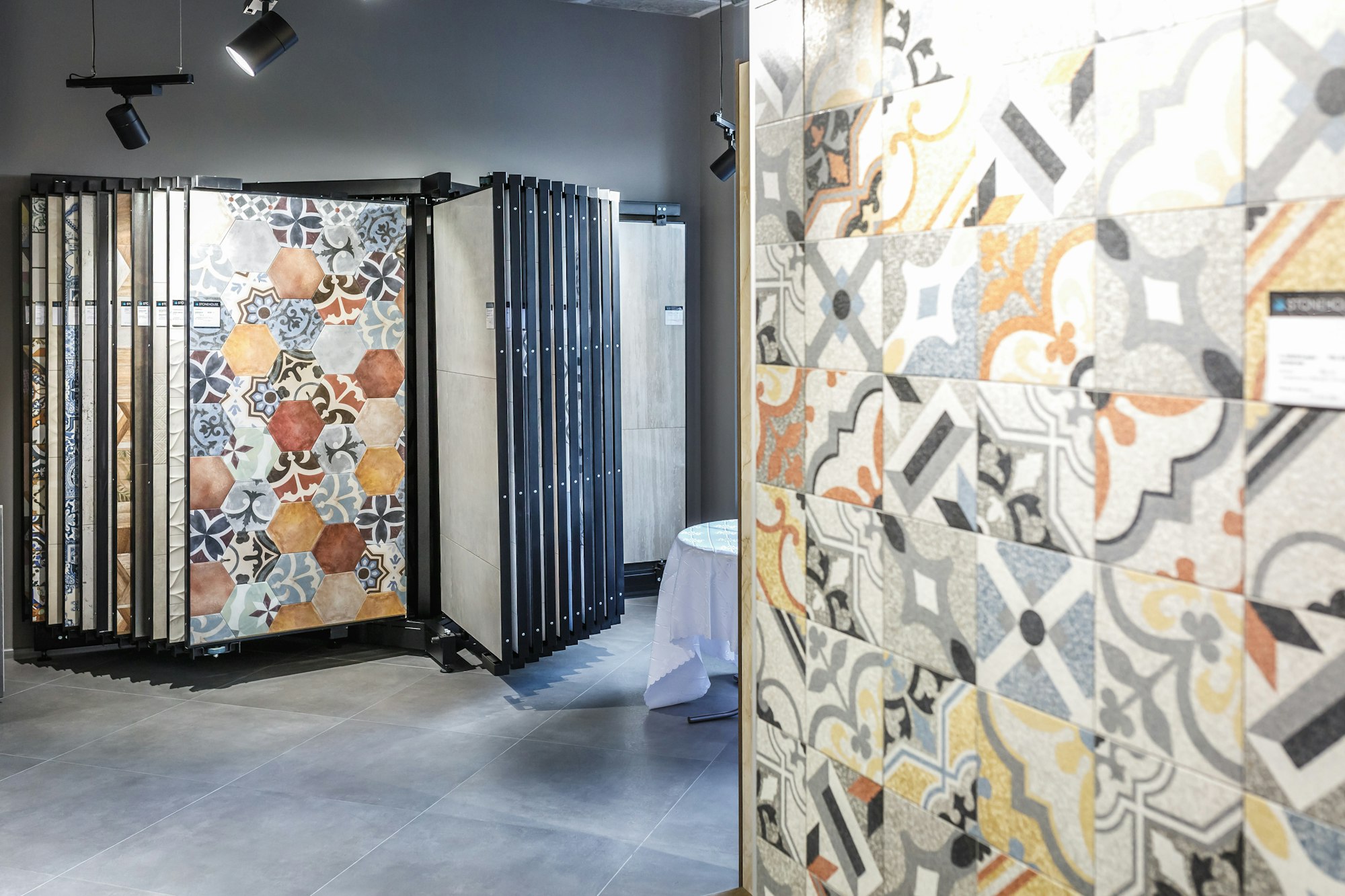 GRODNO, BELARUS - APRIL 2019: interior modern ceramic tile and natural stone shop